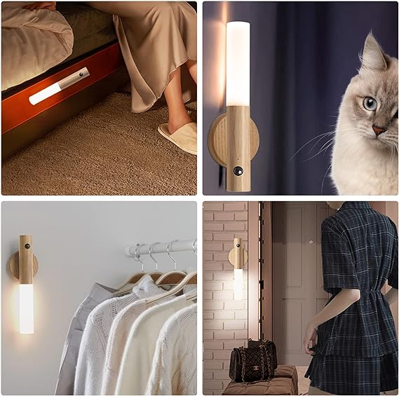 LED Wood Night Light PIR Motion Sensor Magnetic Wall Lamp USB Rechargeable Lights Home Staircase Bedroom Lamp Bedside Lighting