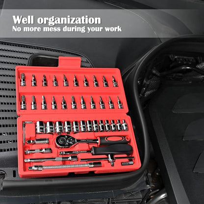 46-Piece Professional Socket Wrench Tool Set with Ratchet Handle, Sockets, Screwdriver Bits for Car, Motorcycle, Bicycle, Home Repair, Mechanical Work, Garage and DIY Maintenance Tasks, Portable Heavy-Duty Tool Kit